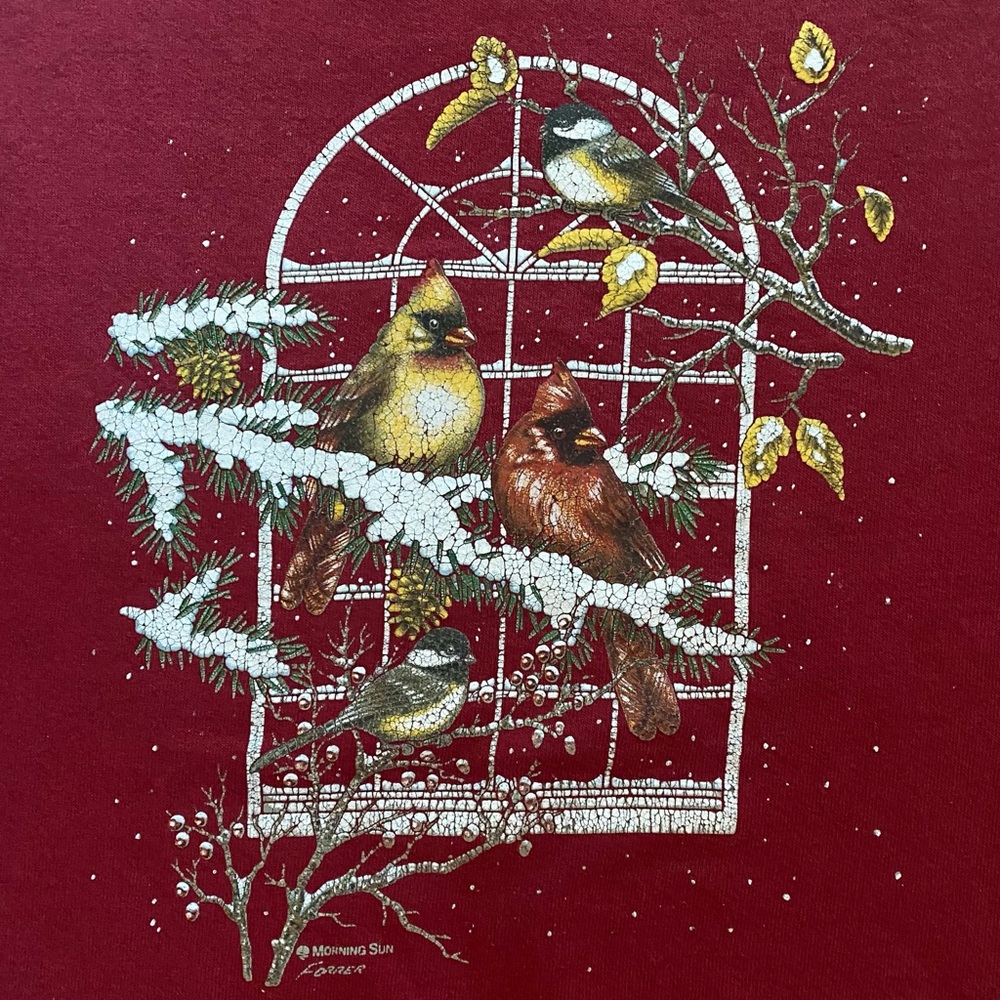 Vintage Crewneck Sweatshirt Burgundy Cardinals in Winter Snow Wild Wings | M - Picture 8 of 8